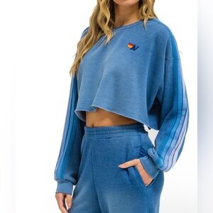 Aviator Nation CLASSIC STRIPE CROPPED CREW SWEATSHIRT RELAXED - FADED water sz l